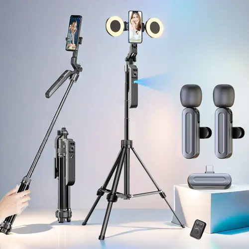 Ai Face Tracking Vlogging Kit, 70-Inch Auto Face Follow Tripod with Light, Wireless Dual Lavalier Microphone, Remote Control, Selfie Stick, Vlogging Accessories