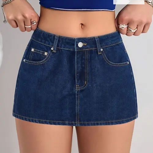 Women's Basic A-Line Dark Wash Denim Mini Skirt, Bottom, Pockets Design, Skirt with Pockets, Button, Slim Fit, Elastic Fabric, Perfect for Party, Date, Casual, Street Fashion Skirt, Casual Streetwear Skirt, Slim Fitting Skirt