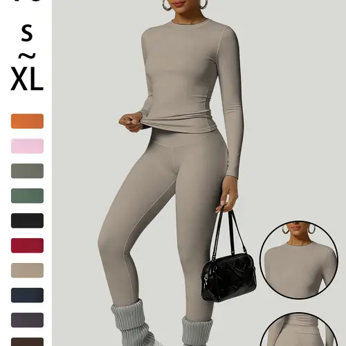 Women's Simple Plain Sport Suit, Comfortable T-Shirt & High-Waisted Pants, Ideal for Yoga & Casual Wear, All Seasons