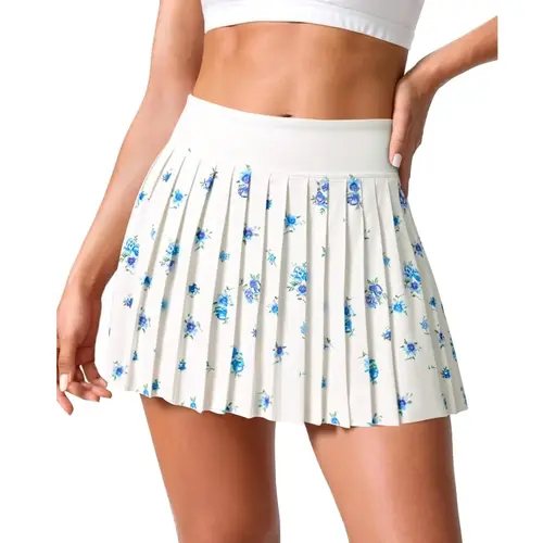 Fisoew Women's High Rise Fade-Resistant Polyester All Over Floral Print Classic Pleated Silhouette Mini Yoga Skirt - Built-In Shorts, Elastic Waist, Pockets, Athletic Skirt for Yoga, Workout; Cold Wash, Do Not Bleach
