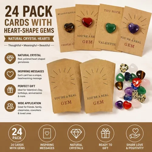 24-Pack Child-Safe Friendship Cards (3.5x2.1 Inches) - Office Stationery with High-Quality Coloring Process, Non-Toxic Heart-Shape Gems & Natural Crystals/Minerals, Diy Art Set, Perfect Gift for Gift Exchange