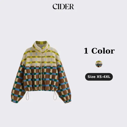 Cider Fleece High Neck Two Tone Checks Drawstring Oversized Jacket