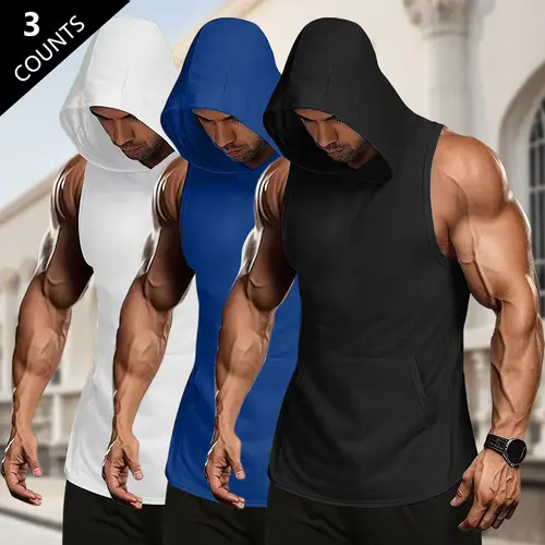 Men's 3-Pack Casual Sleeveless Hooded Vests - Regular Fit, Lightweight Polyester, Elastic, Breezy, Kangaroo Pocket, Machine Washable, Pull-On, Light Gray+Army Green+White, for Spring/Summer Running, Hiking