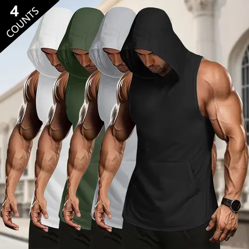 Men's Regular Fit Hooded Tank Top 4-Pack - Lightweight Polyester, Kangaroo Pocket, Slight Stretch, Breezy Short Sleeves, Casual Activewear for Running, Spring/Summer Athletic Fitted Breathable Pullover Loungewear
