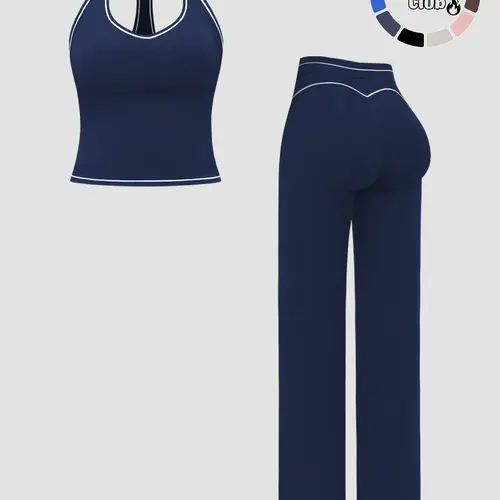 Women's Sporty Waist Cinching Butt Lifting Long Pants Tank Top Set, Casual Colorblock Style, Spring & Fall Fashion, Casual Activewear Set