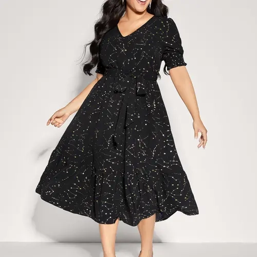 BloomChic Shimmery Star Print Stretchy-Waist Midi Dress 【M-6XL】