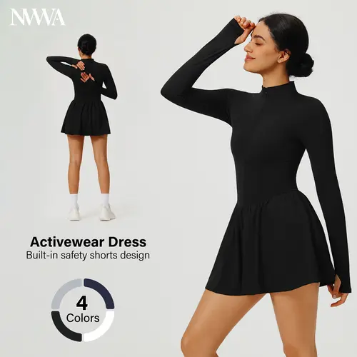 Women's Body-Fitted High Neck Nylon/Spandex Active Dresses - Quick Dry, Zip-Front Athleisure Workout Dress with Built-In Shorts, Pockets, Tennis Golf Gym Clothes