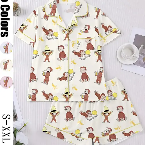 Women's Monkey Banana Print Sleepwear Set, Loungewear, Comfortable Short Sleeve Button Shirt & Loose Elastic Shorts, Fashion Casual Home Wear, Pajama Set, Matching Pj Set, Sleepwear Pajamas Set
