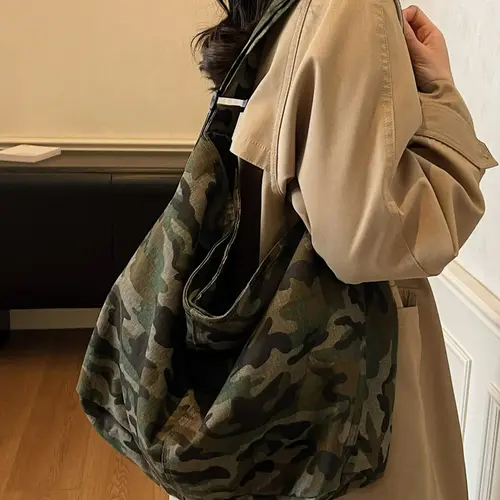 Camouflage Canvas Large Bag, Leopard Print Crossbody Shoulder Bag, Casual Crossbody Bag, Casual Bags, Fashion Vintage Unisex Bag for Commuting, Shopping, School, Work