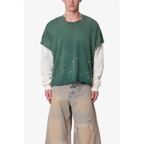 mnml Layered Distressed Painted L/S Tee - Green