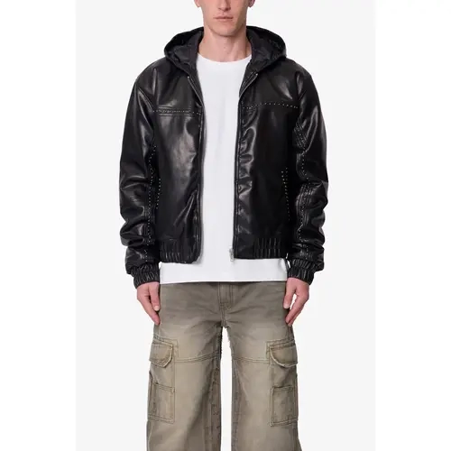 mnml Leather Hooded Stud Jacket - Black
