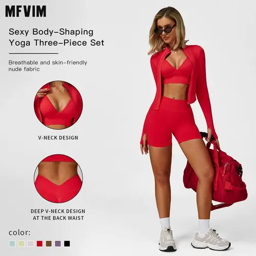 MFVIM Women's 3-Piece Sports Activewear Workout Set - High Waist Butt Lifting Yoga Pants, Long Sleeve Impact Compression Top, Matching Pilates/Running Apparel (Sohochic), Workout Sets Women, Matching Sets For Women
