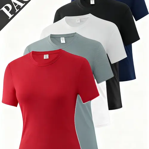 Women's Plus Size (2XL, 3XL) 5-Pack Basic Shirts for Women - Loose-Fit Short-Sleeve Solid Quick Dry Breathable Moisture-Wicking Female Workout Tops, All Seasons Casual Sportswear Base Layer