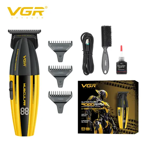 VGR 285T Professional Stainless Steel Cordless Multifunctional Hair Trimmer for Men - Barber Equipment, 9000 RPM Motor, Lithium Power, Lightweight Grooming Kit with 3 Guide Combs, LED Display, 240-Min Runtime, Clean Cut for Short Hair Hairstyles