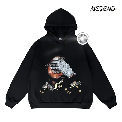 Retro Graphic Hoodie for Men, Unisex Oversized 400GSM Heavyweight Cotton Pullover Apparel, Rhinestone Streetwear Tops, Casual Comfort Fit Long Sleeve with Unisex Cut That Flatters Many Body Types