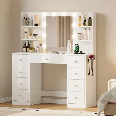 [DealsForYouDays] Vanity Desk with Mirror Lights 9 Drawers 6 Storage Shelves Dressing Table Power Outlet 3 Color Modes 10 LED Bulbs for Girls Bedroom,Gift for Daughter, Wife & Mom – Girls Bedroom Essential