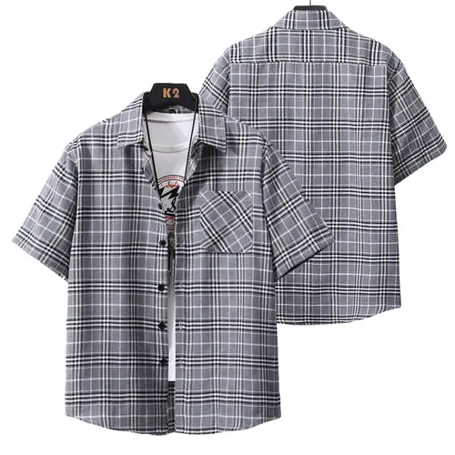 Men's Classic Plaid Fitted Short-Sleeve Polyester Collared Buttoned Shirt - Male Clothing with Turn-Down Collar, Front Pocket, Ideal for Summer Everyday Wear, BF Birthday Gift, Boyfriend Birthday Gifts for Him, Bf Birthday Gifts