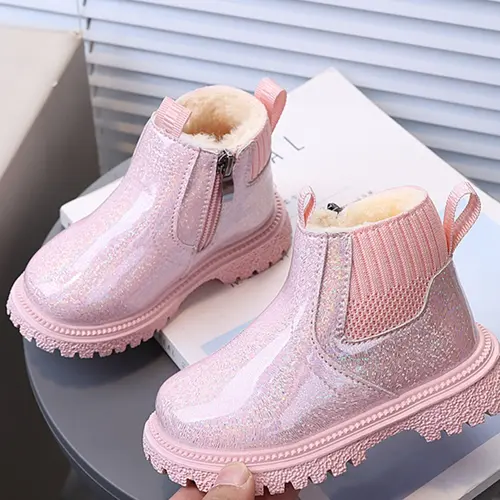 Toddler Girl Multicolor Glitter Ankle Boots, Winter Warm PU Leather Lining, Side Zipper Snow Boots, Casual Style, Snow Boots For Toddlers