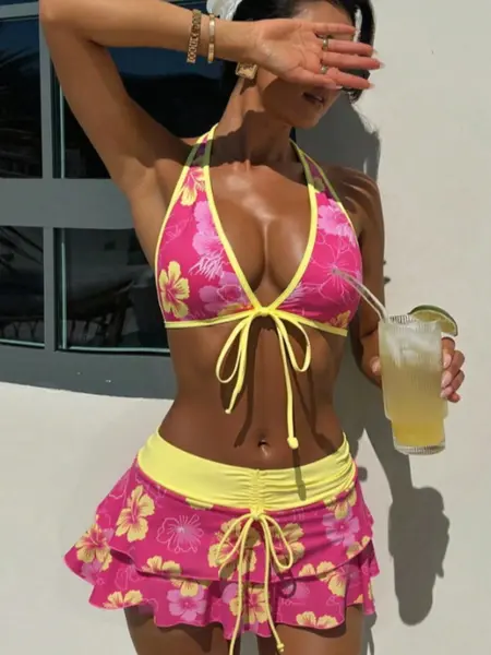 Women's Summer Beach Festival Print Halter Bikini Set, Casual Vacation Style, Fitted Tank Top and Skirt Three-Piece Suit