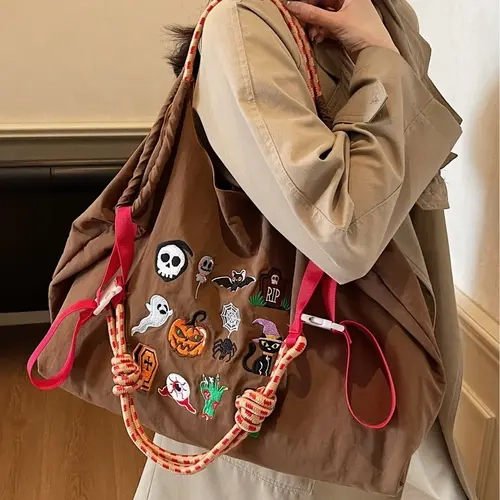 Japanese Large-Capacity Cloth Bag, Commuter Casual, Halloween Embroidery Simple Lightweight Underarm Tote Bag with Open Design, Suitable for Commuting, Shopping, Leisure Travel Totebag