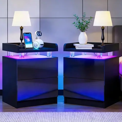 Aoxun Nightstand Set of 2 with LED Lights and 2 Storage Drawers, Modern Compact Bedside Tables for Bedroom