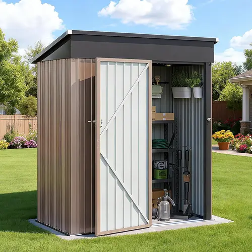 Outdoor Storage Shed, Aoxun Metal Garden Tool Shed with Lockable Door and Sloped Roof, Weatherproof Utility Storage Shed for Backyard, Patio and Garden, Brown