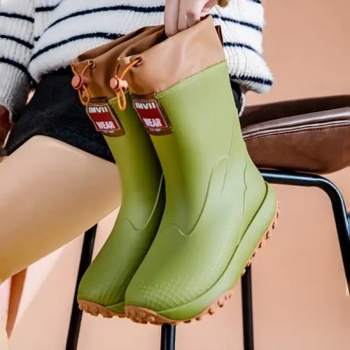 Women's Vintage Mid-Calf Rain Boots, Slip Resistant Boots, Waterproof Anti-Slip Thick Sole, All-Weather Outdoor Fashion Shoes, Perfect for Daily Use, Waterproof Footwear
