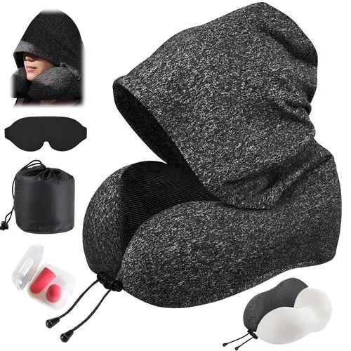 Memory Foam Travel Neck Cushion - Ergonomic, Supportive Head Cushion with Extra Large Hood, Suede Outer, Skin-Friendly Machine Washable Cover for Easy Cleaning, Neck Pain Relief, Earplugs, Portable for Quick Rests, Airplane/Car Use