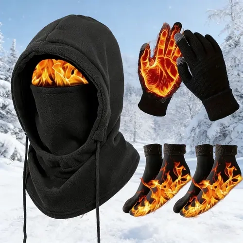 3 or 4-Piece Winter Warmth Set - Windproof and Warm Full-Face Mask Hooded Jacket, Gloves, and Thermal Socks - Extreme Cold Weather Gear for Skiing, Cycling, Snowboarding - Unisex for Adults (Hand Washable) - Ideal Christmas and New Year Gift