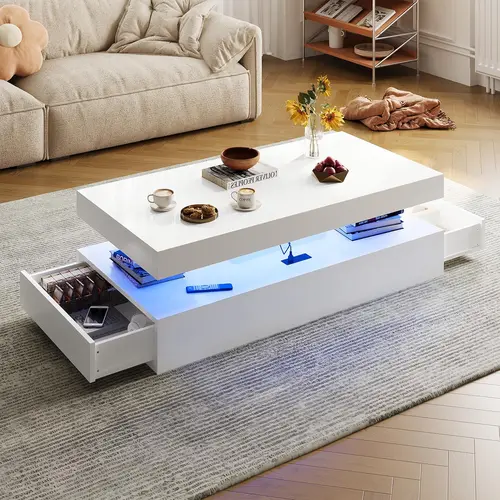 Aoxun Smart LED Contemporary Coffee Table - 47” High-Glossy Finish, 2 Sliding Drawers, Double-Layer Storage, White Indoor Furniture with Outlets, 39”/47” Sizes, Apartment & Living Room Tables & Desks
