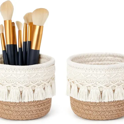Rustic Boho Macrame Look Cotton Caddy Organizer - 1pc Mini Open Top Organization Basket, Multifunctional Home Supply for Beauty Products, Adds Boho Touch to Your Decor