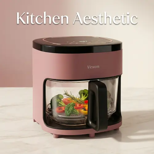 VEXON Blush Pink Glass Bowl Air Fryer with Viewing Window - 4.5QT 6-in-1 Multifunctional Digital Smart Cooker, Household Appliances, 97% Less Oil Crisp, 400°F Heat Crisps Food Evenly, 4.5QT Family Fry, Quiet, Easy Clean, Modern Kitchens Perfect Gift