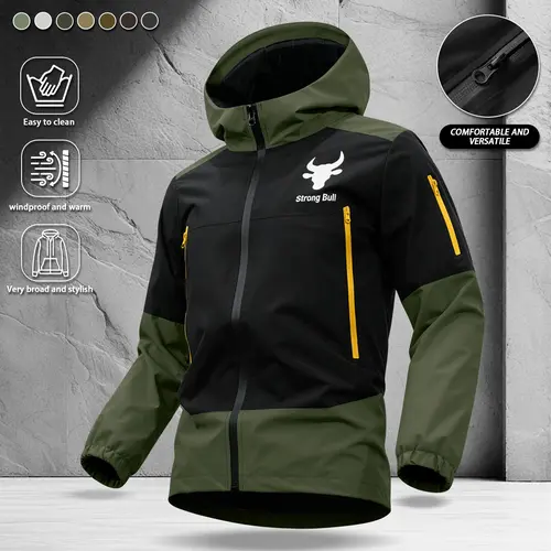Men's Colorblock Letter & Animal Print Zip-Up Hooded Jacket - Regular Fitted, Preppy, Windproof, Water-proof, Long-Sleeve Casual Outerwear for Party, Spring, Fall, All Season Wear Classic Menswear