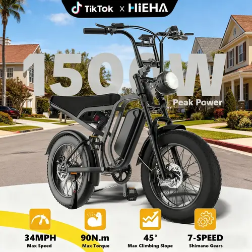 【HIEHA】2026 Upgraded 1500W Peak Motor Electric Bike – Top Speed 34 MPH | Range 40+ Miles, 48V Removable Battery, NFC Card Unlock & Password Unlock, Dual Suspension & Fat Tires for Off-Road & City Adventures, Turn Signals & Brake Light for Safety