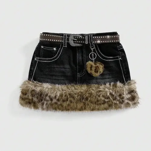 Y2K Gyaru Retro Leopard Print Fluffy Hem Women's Mini Low-Waisted Skirt With Belt Accessory, Cosplay, Fashion