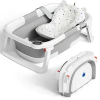 Collapsible Baby Bathtub with Real-time Temp Monitor + Floating Cushion, Foldable Baby Bath Tub Set - Perfect Portable Travel Baby Tub Cute Care, #SummerVibes