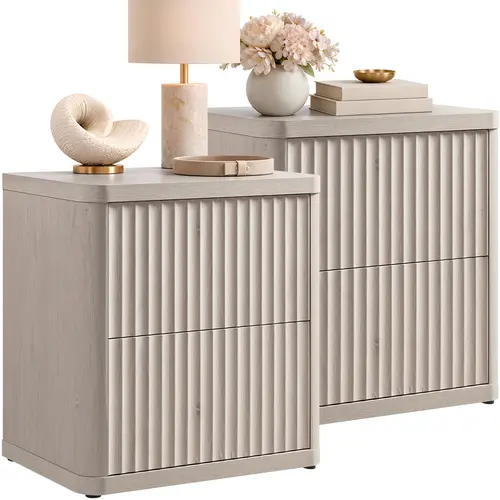 SICOTAS 2-Piece Engineered Wood Nightstand Sets - 22.7" W Contemporary End Tables, 15.4"D x22.7"W x24.4"H Wave Panel Fluted Curve Cabinets, 2 Large Glide Handleless Drawers, Curved Edges, Scratch-Resist Top, Apartment Bedroom Furniture, Assembly Required