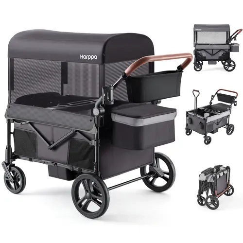 HARPPA All-Terrain Wagon Stroller for 2 with Canopy, Foldable 2-Seat Strollers for Babies, 4 Seats Wagon for Outdoor & Beach, Adjustable Push & Pull Handle, Footwell & Large Storage#gift for kids