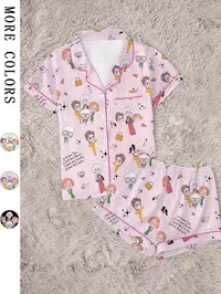 Classic Golden Girls Theme Print Lapel Short Sleeve Shirt & Shorts Fitted Collared Pajama Set, Polyester Loungewear Set, Casual Chic Style Comfortable Lightweight Loungewear Nightwear for All Seasons, Ideal Party Gift Pjs