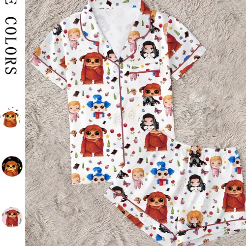 Women's Labyrinth Printed Sleepwear Pajamas Set, Comfortable Two-Piece, Short Sleeve Button-Up Top and Elastic Shorts, Casual Home Wear, Lounge Pjs