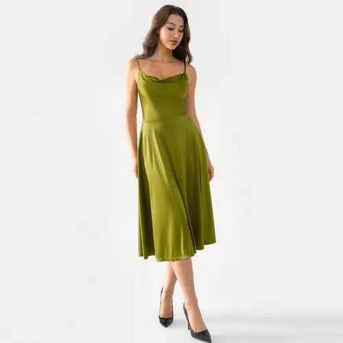 POPILUSH Women's Striped Cowl Neck Spaghetti Strap Midi Dress - Smooth Breathable Fabric, Elegant Swing Style, Everyday Casual Wear