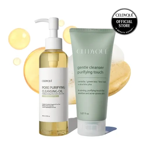 [CELDYQUE] Korean Dual-Action Cleanser Duo - Centella Blend Foaming Face Wash, Tea Tree & LHA Soothing Lightweight Cleansing Oil, Pore Clearing for Sensitive Skin, Daily All Skin Types Skincare