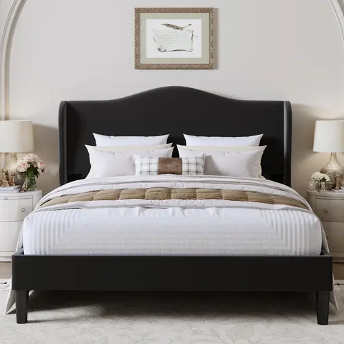 SHA CERLIN Modern Minimalist Heavy-Duty Upholstered Platform Bed Frame - Curved Wingback Headboard, Wood Slats, Multi-Size (Full/Queen/King), Box-Spring Free, Black Velvet Indoor Bedroom Furniture