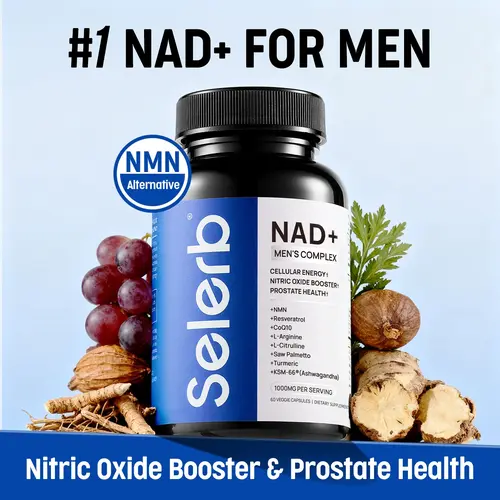 Selerb NAD+ Supplement for Men – With  Liposomal-NAD+,CoQ10, L-Carnitine, L-Arginine, Maca & Ashwagandha Fitness – Energy, Circulation & Prostate Support – 60 Capsules Edible Dietary  Vitamin Healthcare Natural