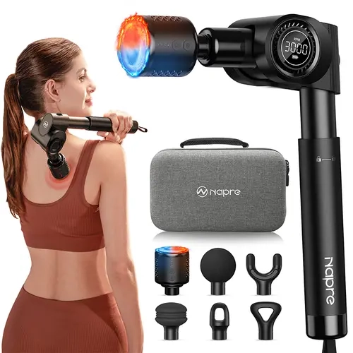 Massage Gun with Heat & Cold Head, 32-Speeds Muscle Massager Deep Tissue with Long Extension Retractable Handle, Foldable with 5 Adjustable Angles, for Home Gym Office Muscle Back Pain Relief, Gift