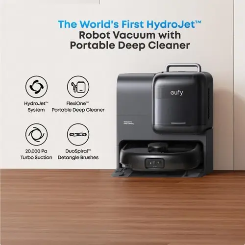 eufy E28 Omni Anti Tangle Robot Vacuum-Mop Combo, 20000Pa Turbo Suction, HydroJet System, 100% Edge Coverage, 110V All-in-1 Auto Self Cleaning Station, Portable Deep Cleaning Machine for Carpet, Wireless Floor Care Tool