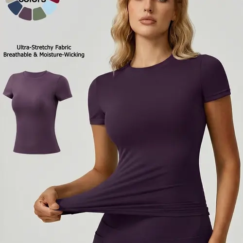 Women's Comfortable Breathable Short Sleeve Sports T-Shirt, High Stretch Seamless Slim Fit Yoga Top, Round Neck Waist Cinching Running Gym Wear, Casual Sporty Top, Stretchy Workout Top, Casual Workout Tops, Athletic Clothes