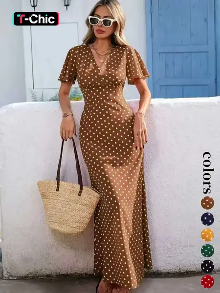Women's Bohemian V-Neck Short Sleeve Long Dress, Summer Casual Polka Dot Vacation Style, New European and American Fashion Casual Wear