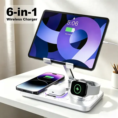 Sohochic 6-in-1 Adjustable Wireless-Wired Charger, Foldable Portable Desk Gadgets, 30W Safe Charging, 7 Adjustable Ambient Lights, 12-Hour Clock Display, for iPhone 17-11 Pro Max, iWatch 11-SE, AirPods 4-Pro, Android Devices, Room Decor Compatible