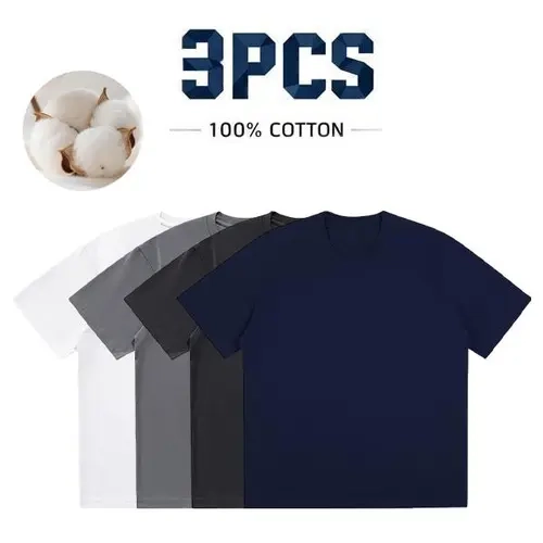Men's 3-Pc Daily Set 100% Pure Cotton Short Sleeve Plain Tees, Round Neck Casual T-Shirts, Soft Comfortable Fabric Summer Outfit for Daily Wear